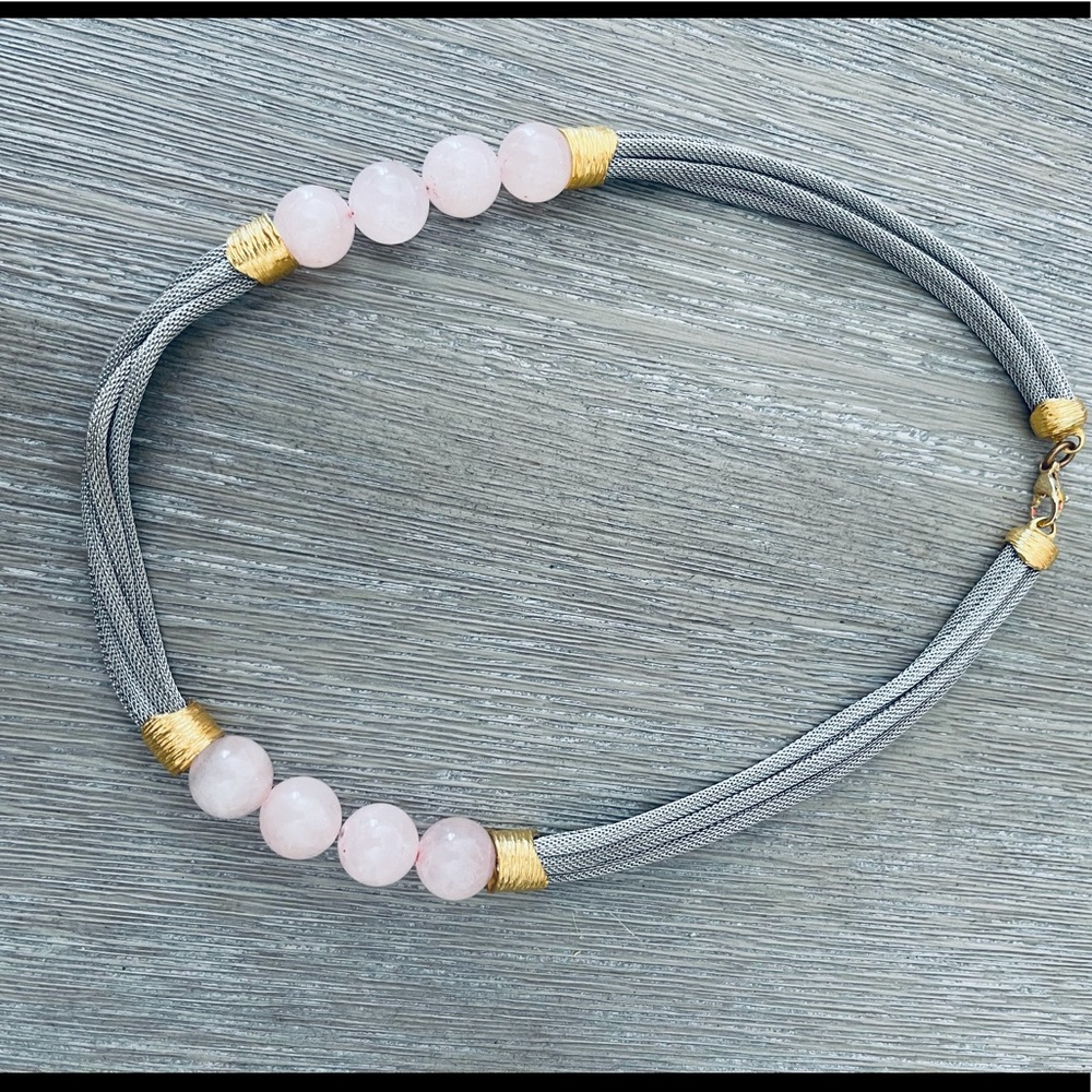 Ron Rizzo Silver Mesh and Pink Stone Necklace